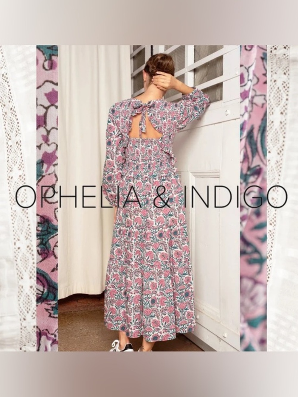 OPHELI & INDIG  Floral Tie-Back Block Print Cotton Maxi Dress - Size Med